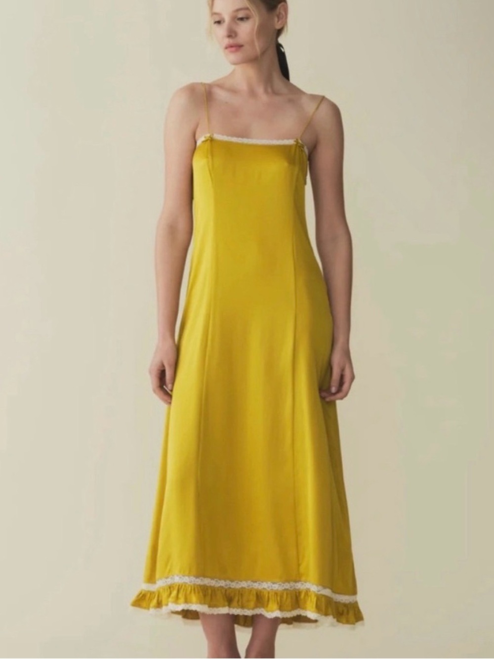 Doen Mustard Yellow Satin Slip Midi Dress with Lace Hem